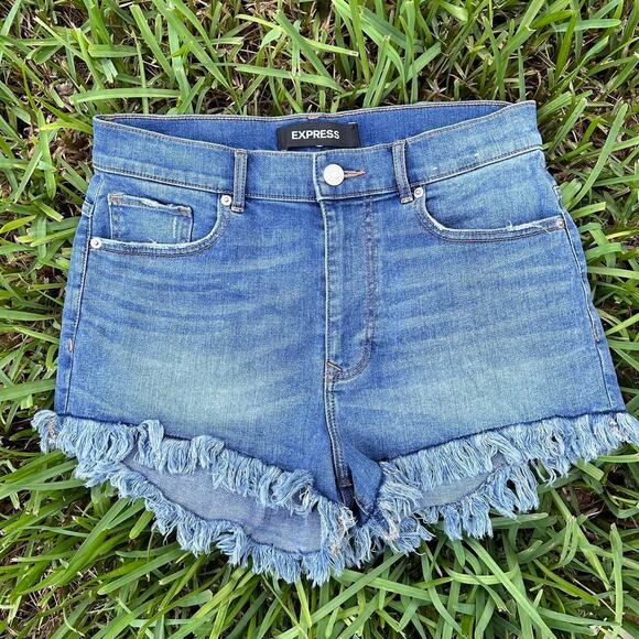 Express Pants - Express high waisted blue  jean shorts with raw hem and back pockets